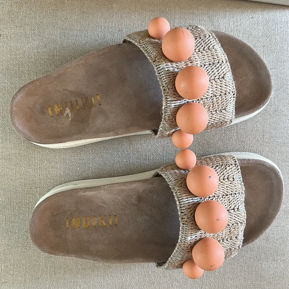 Inuikii Women’s Raffia Pearl Bauble Slides Slip On Sandals Cream Coral 6.5-7